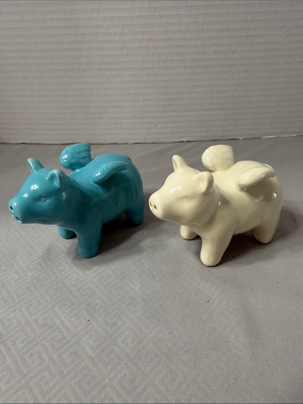 When Pigs Fly Ceramic Flying Winged Pig Salt & Pepper Shakers Set Blue and Cream